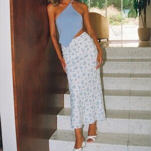 Princess Polly Hera Maxi Skirt Blue Floral Polka Dot Size 4